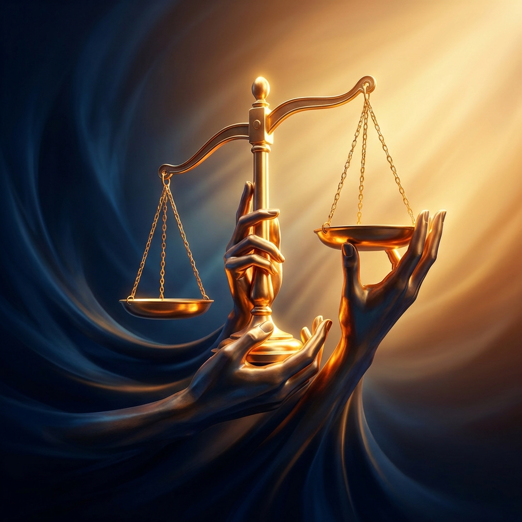 Scales of justice with hands reaching for equality